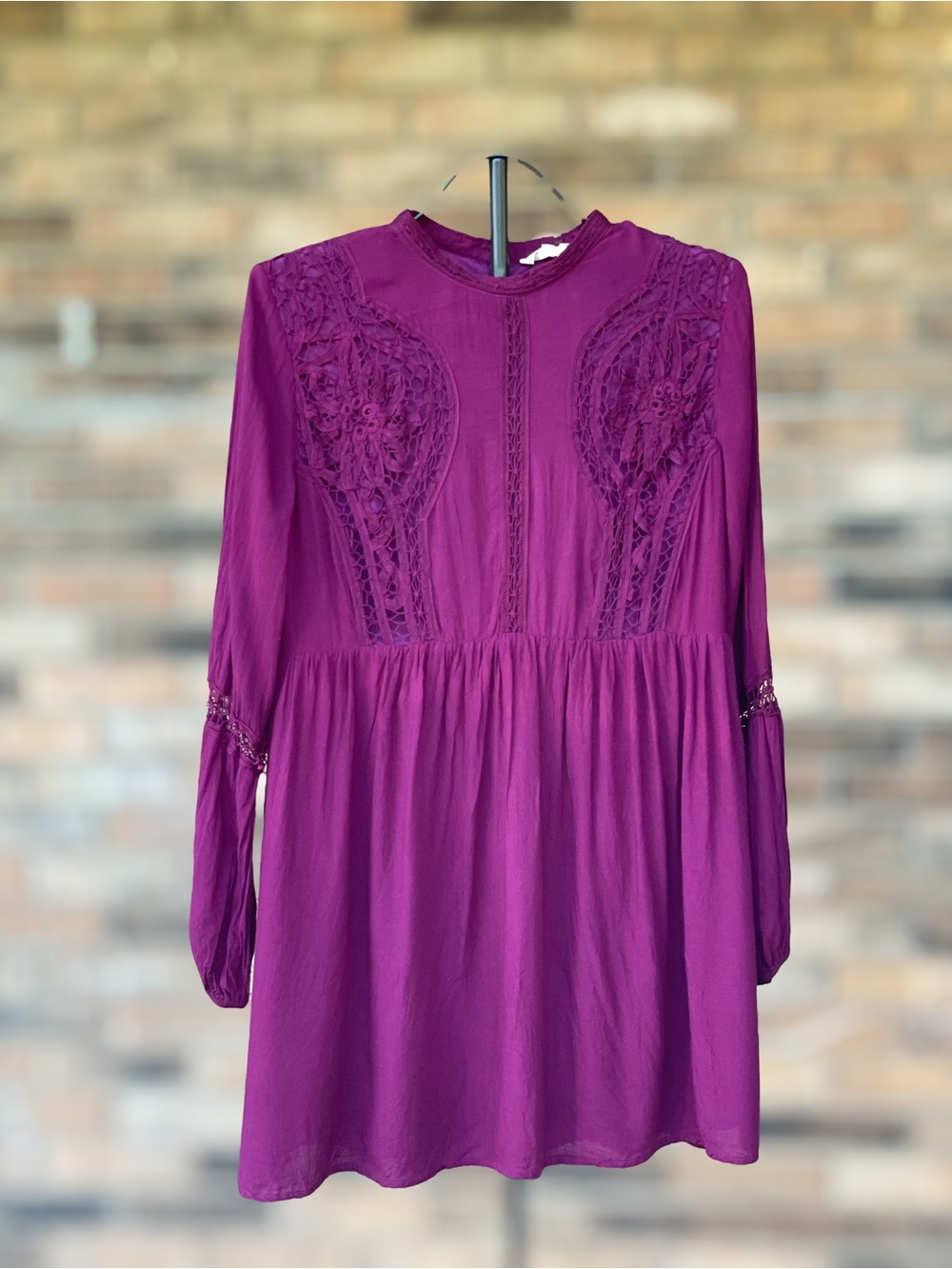Entro Large Plum Crochet Lace Long Sleeve Babydoll Mini Dress